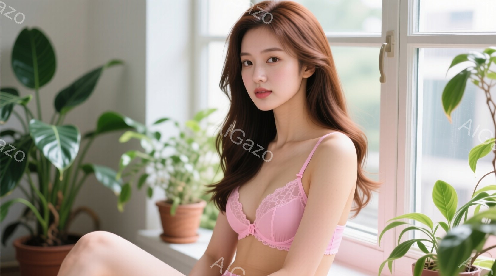明るい窓辺で、ピンク色のレースのブラとショーツ姿の若い女性が座っています。彼女は長い茶色の髪を肩にかけ、穏やかで少し物憂げな表情をしています。背景には緑豊かな観葉植物が置かれ、自然光が差し込み、リラッ - AI生成フリー素材