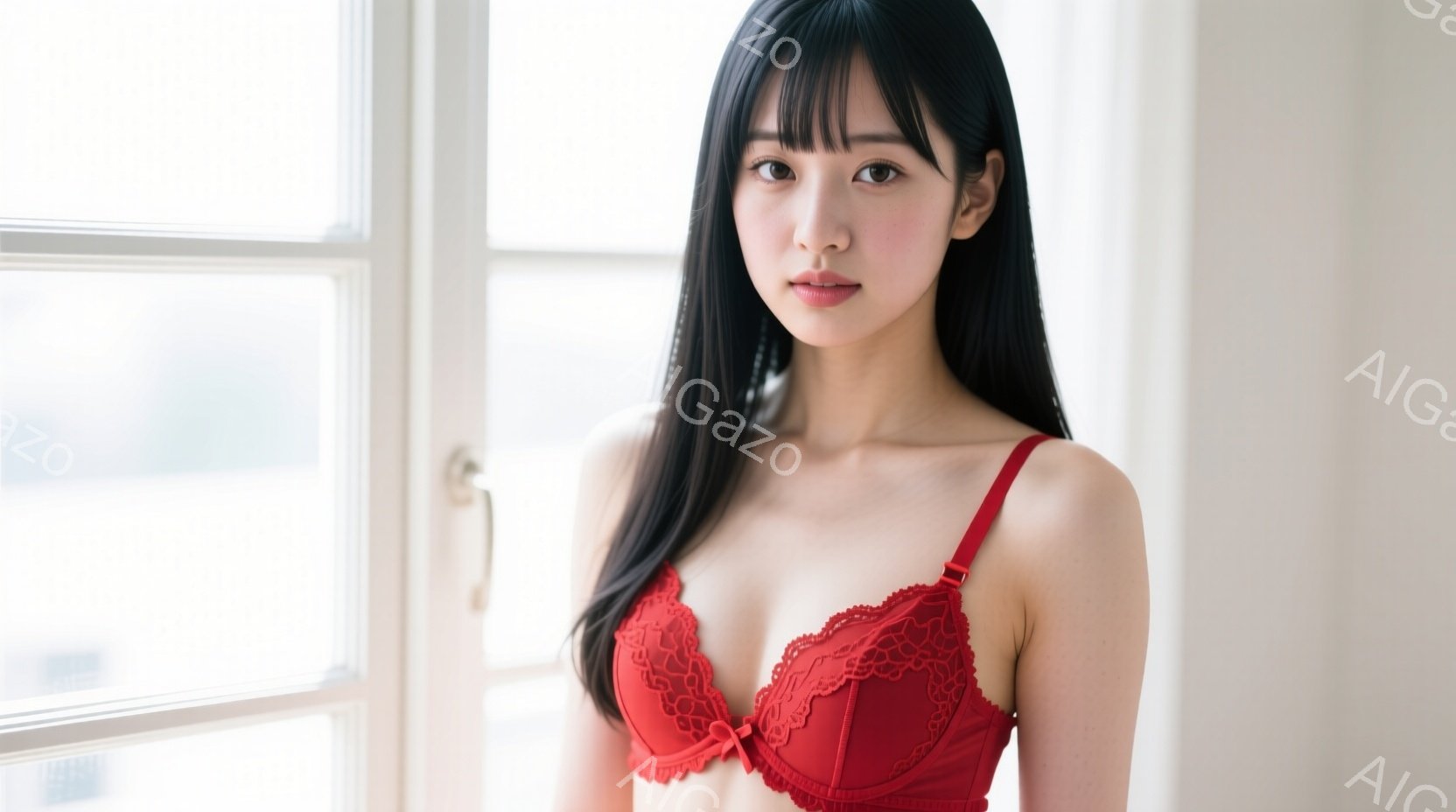 長い黒髪で、前髪は眉毛にかかるように切り揃えられています。赤いレースのブラレットを着ており、白い壁の前で正面を向いています。彼女の表情は穏やかで、少し微笑んでいるように見えます。 - AI生成フリー素材