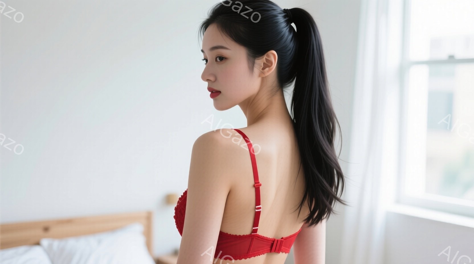 長い黒髪を後ろで束ねた女性が、赤いレースのブラレット姿でこちらを振り返っています。彼女はベッドに寄りかかり、少し憂いを帯びた表情で視線を送っています。背景には白い壁と窓が見え、室内は明るく清潔な雰囲気 - AI生成フリー素材