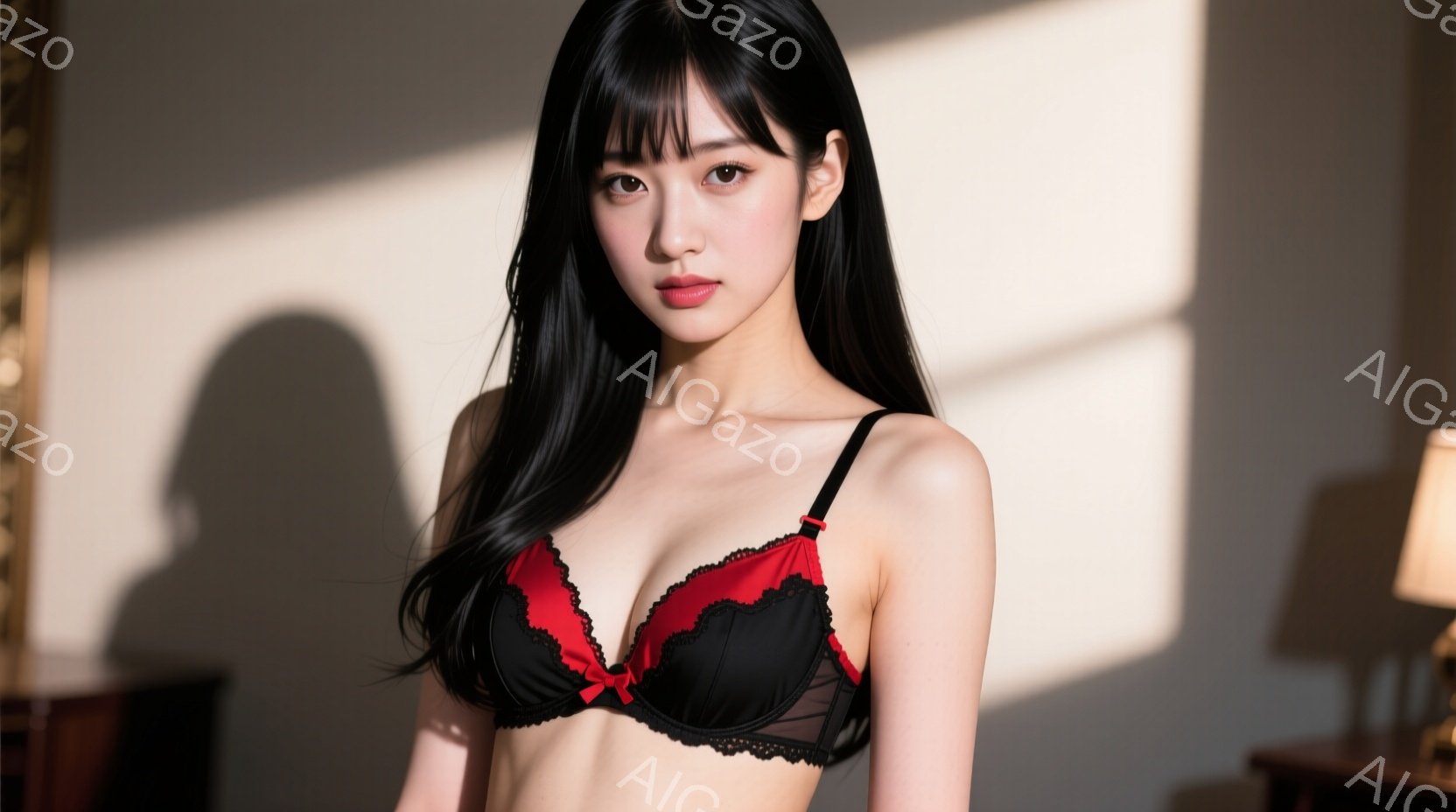 長い黒髪をセンターパートにした若い女性が写っている。彼女は黒と赤のレースのブラレットを着ており、少し微笑んでいる。背景にはぼやけた家具が見え、光と影がドラマチックな雰囲気を醸し出している。 - AI生成フリー素材
