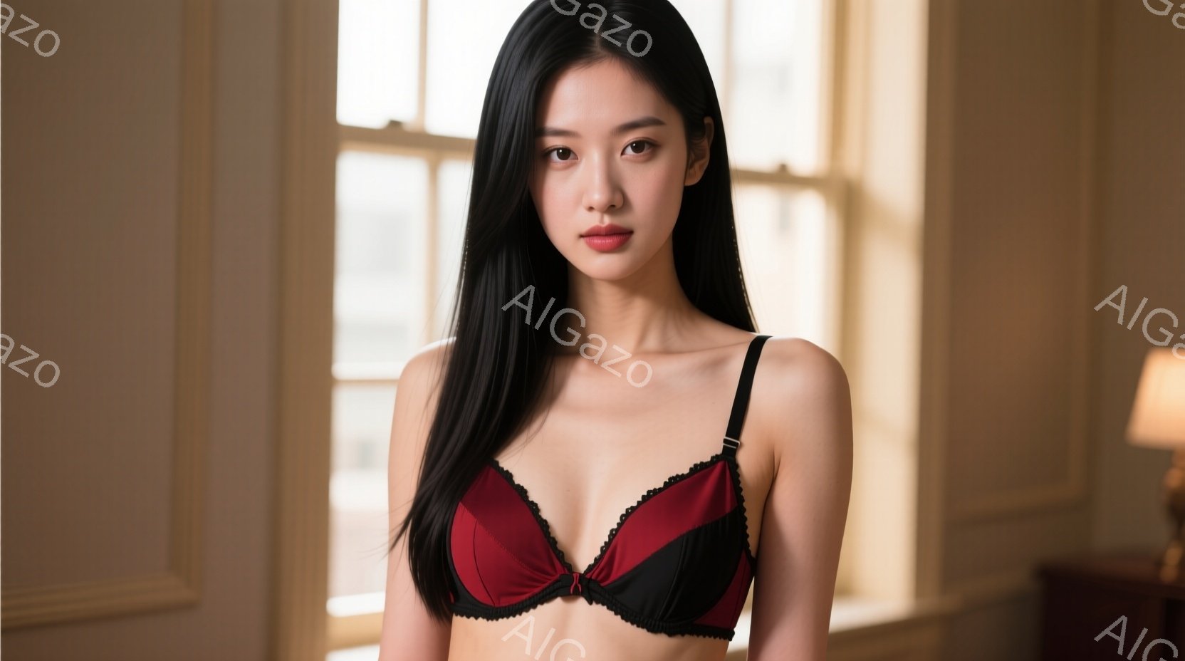 長い黒髪の女性が、赤い中央部分と黒い縁取りのあるブラジャーを着用し、カメラに向かって正面を向いています。彼女はわずかに微笑み、落ち着いた表情を浮かべています。背景には窓と家具が見え、全体的に上品で洗練 - AI生成フリー素材