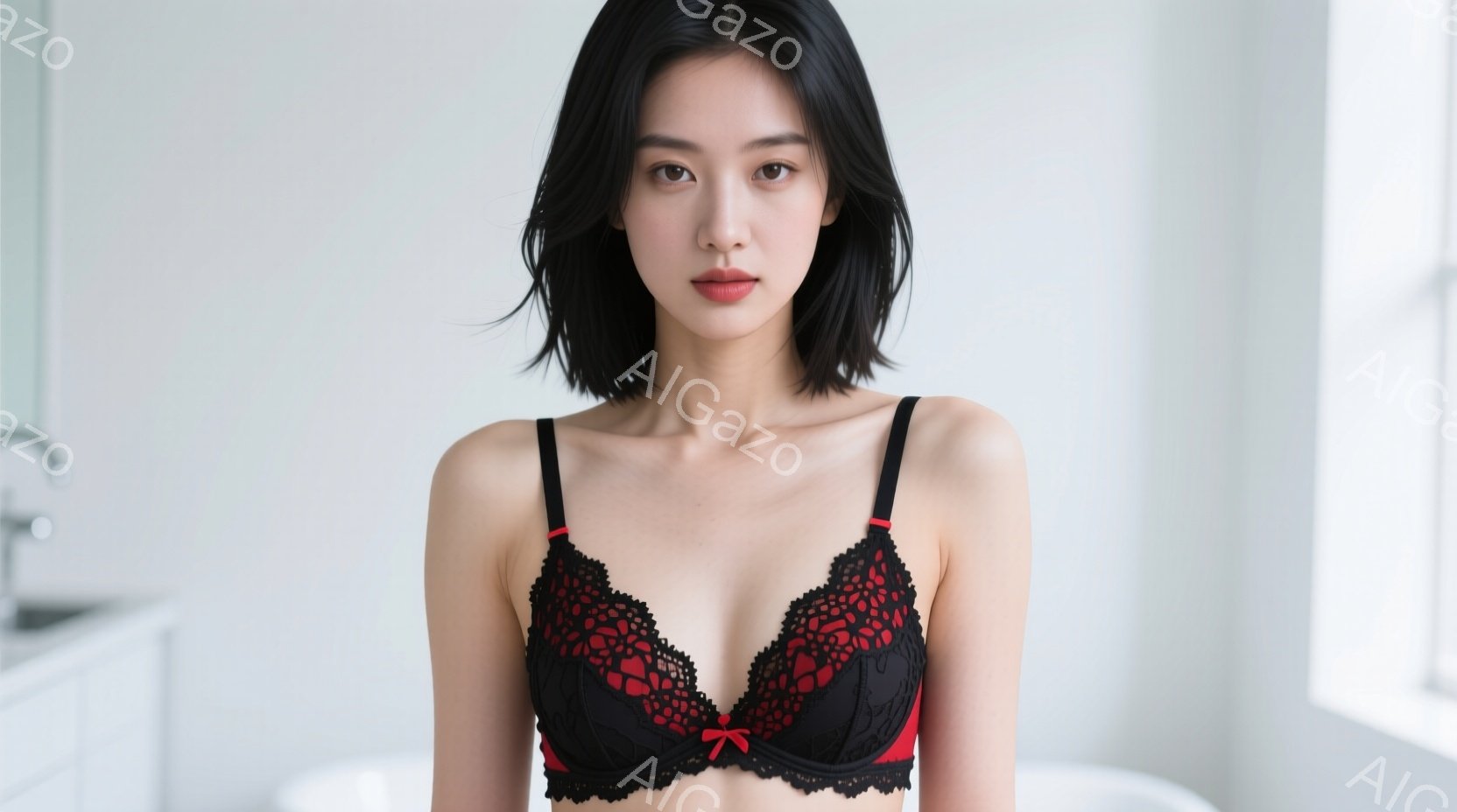 黒いボブヘアの女性が、黒と赤のレースのブラレットを着用して正面を向いています。彼女は少し口を開け、落ち着いた表情でカメラを見つめており、姿勢はリラックスしています。背景は白いバスルームで、浴槽と洗面台が見え、全体的に清潔で明るい雰囲気が漂っています。