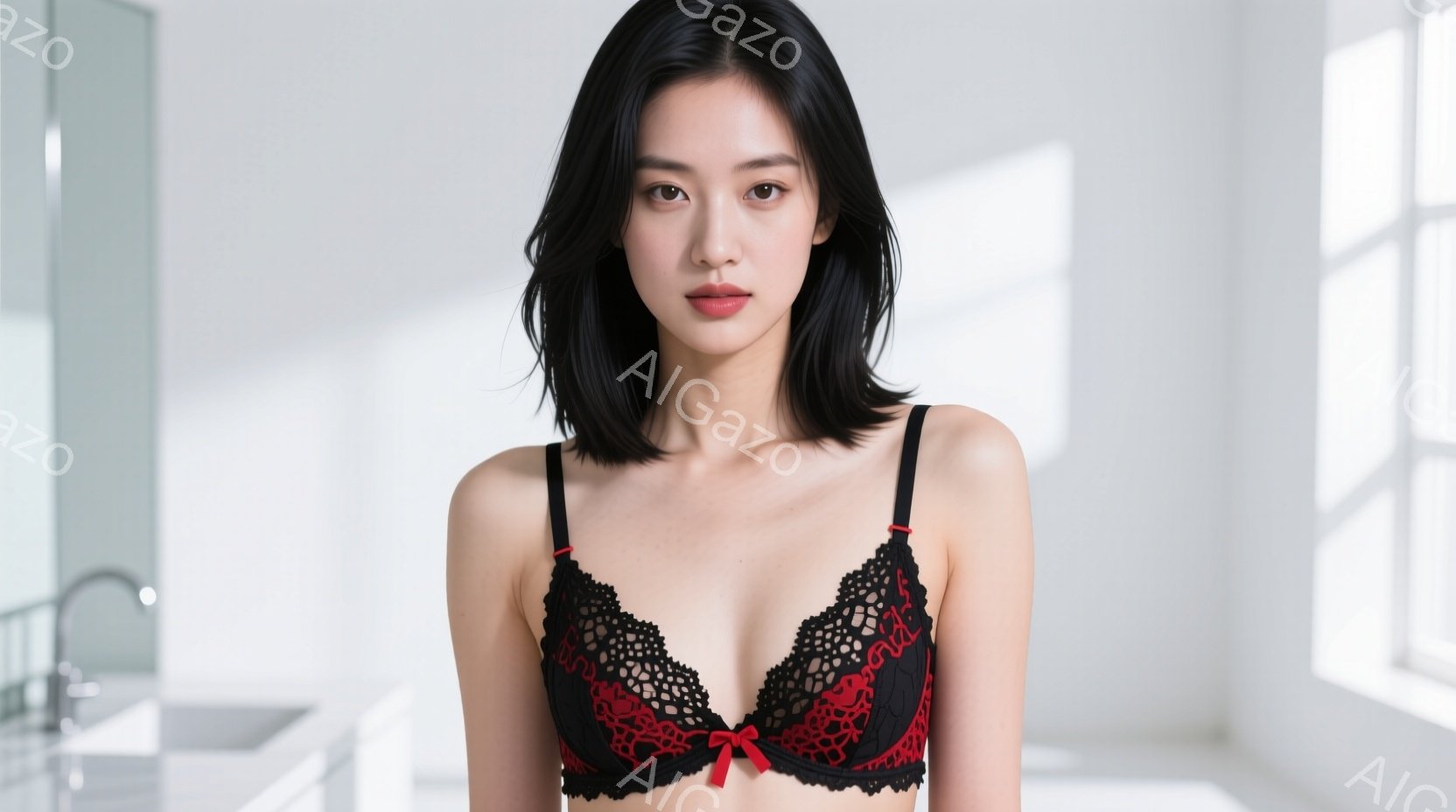 黒髪の女性が、黒いレースのブラレットに赤いリボンが付いた下着姿で正面を向いています。彼女は少し微笑んでおり、落ち着いた表情をしています。背景は白を基調とした室内で、窓から差し込む光が彼女を照らしており - AI生成フリー素材