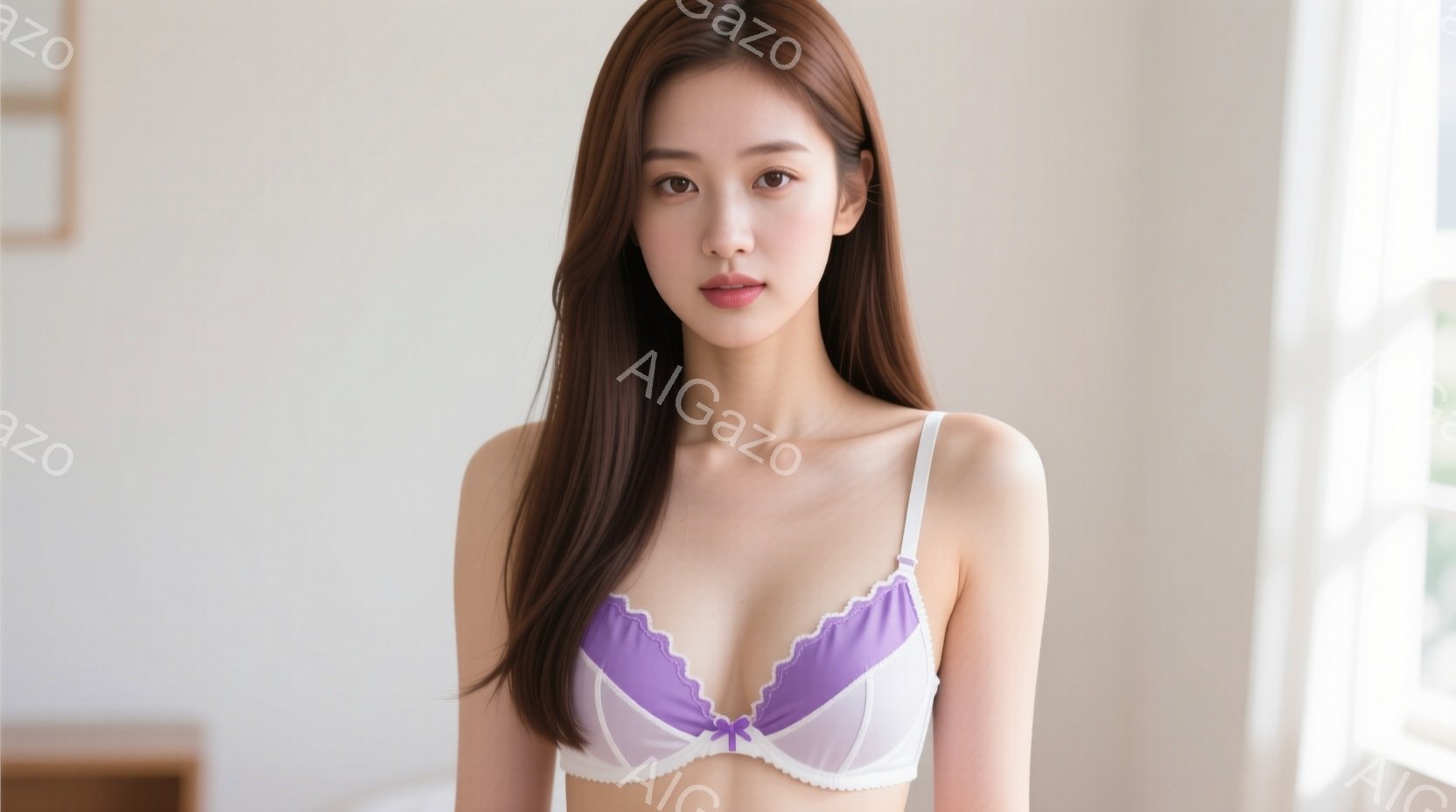 長い茶色の髪を肩から下まで伸ばした若い女性が、白と紫のブラジャーを着て正面を向いています。彼女は穏やかな表情で、視線をカメラに向け、リラックスした姿勢で立っています。背景は明るい室内で、窓から自然光が - AI生成フリー素材