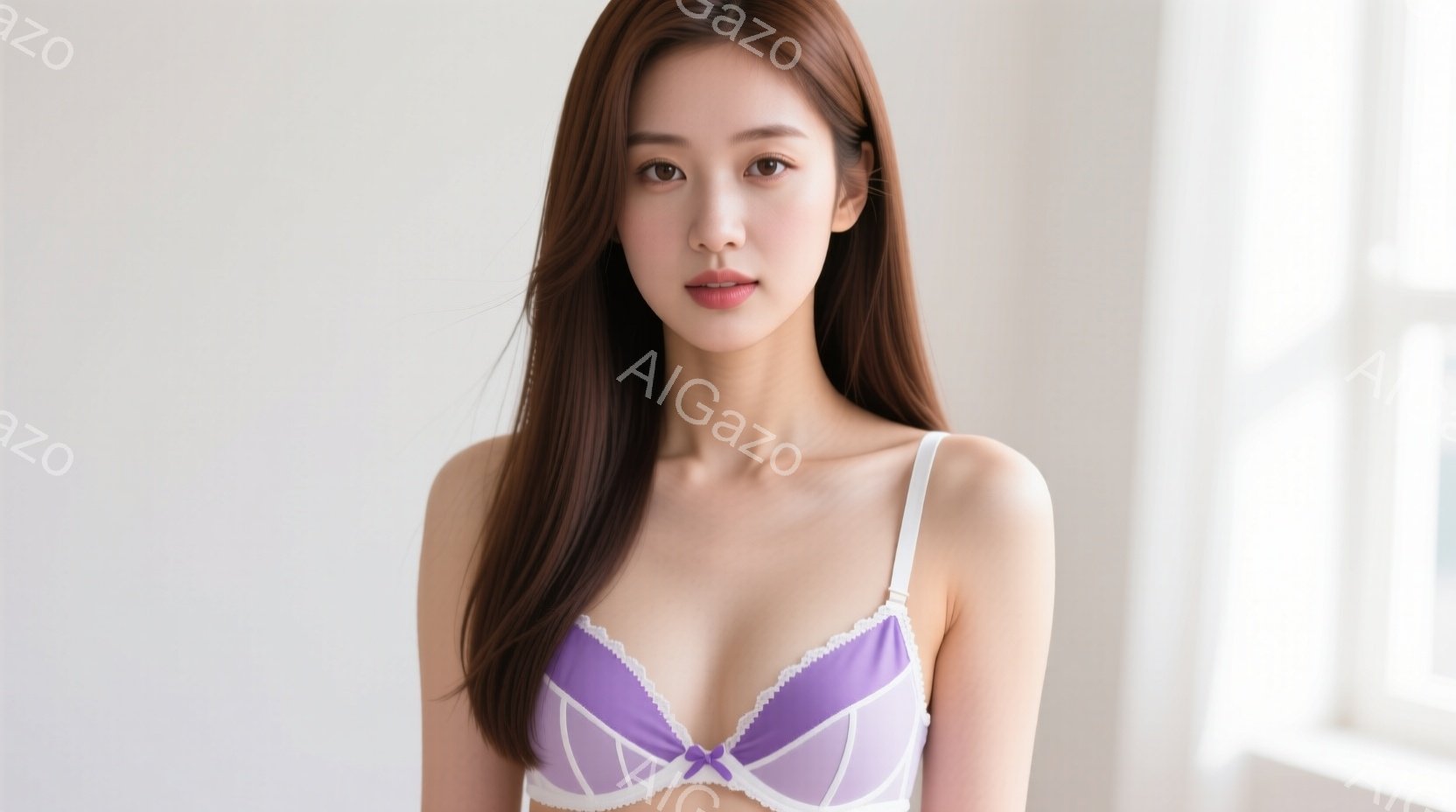 長い茶色の髪をセンターパートにした女性が写っています。彼女は薄紫色のレースのブラジャーと白いショーツを身につけ、正面をまっすぐ見て、わずかに微笑んでいます。背景は白い壁と窓で、光が差し込んでいて、全体 - AI生成フリー素材