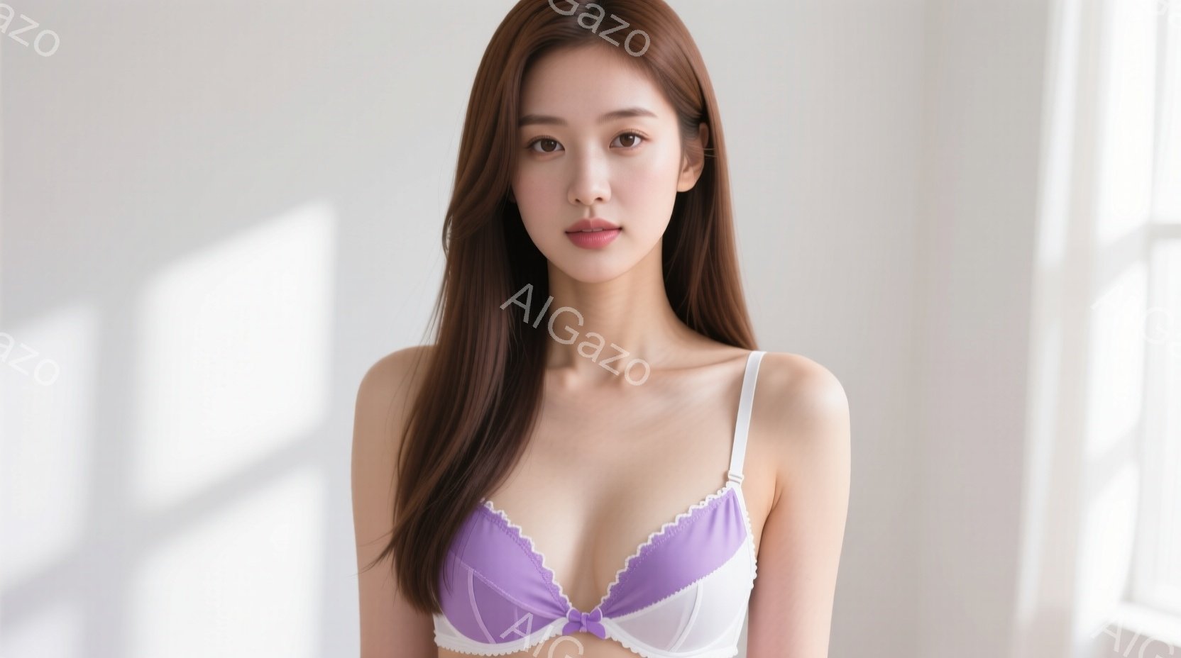 長い茶色の髪を肩にかける女性が写っています。彼女は白と紫のブラジャーを着ており、穏やかな表情でカメラを見つめています。背景は白く、光が差し込み、ソフトで清潔な雰囲気を醸し出しています。 - AI生成フリー素材