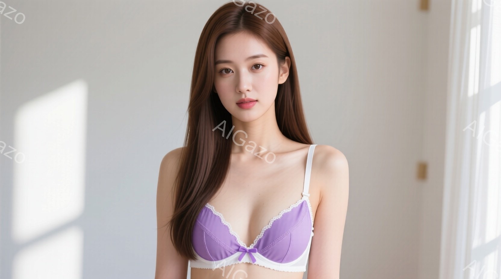 長い茶色のストレートヘアの女性が、紫と白のレースのブラジャーと下着を身に着けて立っています。彼女はわずかに微笑み、まっすぐカメラを見つめています。背景は明るい壁と窓からの強い光で構成されており、全体的 - AI生成フリー素材