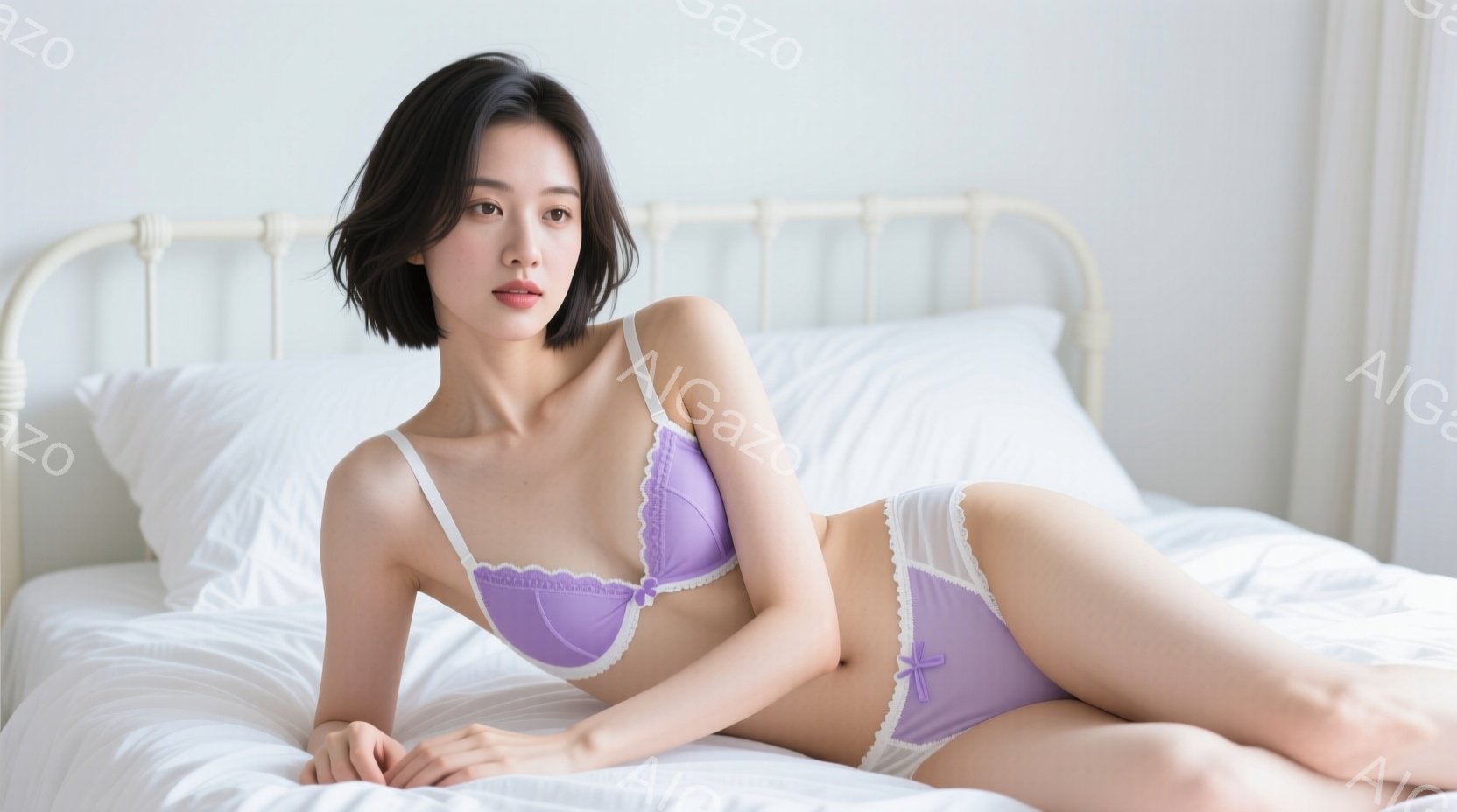 モデルはベッドに横たわり、ライラック色のレースのブラとショーツ姿で、リラックスした表情を浮かべている。彼女は短い黒髪で、片手を軽く顔の近くに添え、少しアンニュイな雰囲気を醸し出している。背景は白いシー - AI生成フリー素材