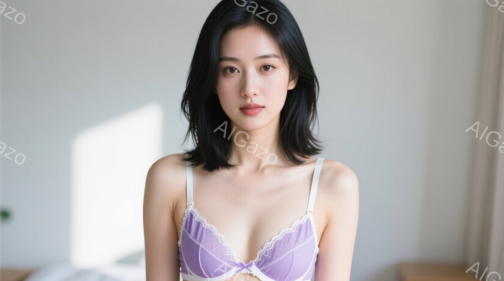 黒髪の女性が、薄紫色のレースのブラレットを着用して立っています。彼女は穏やかな表情でカメラを見つめており、少し微笑んでいるように見えます。背景は白く、自然光が差し込んでおり、部屋全体が柔らかく、静かな - AI生成フリー素材