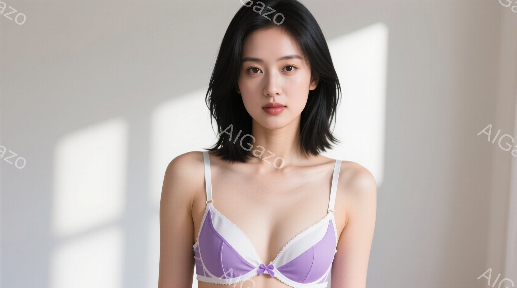 この女性は、薄紫色のフリル付きブラジャーを着用し、肩を露出しています。彼女は肩までの長さの黒髪で、表情は穏やかでやや微笑んでいます。背景は白く、窓からの光が彼女に影を落としており、全体的に清潔感のある - AI生成フリー素材