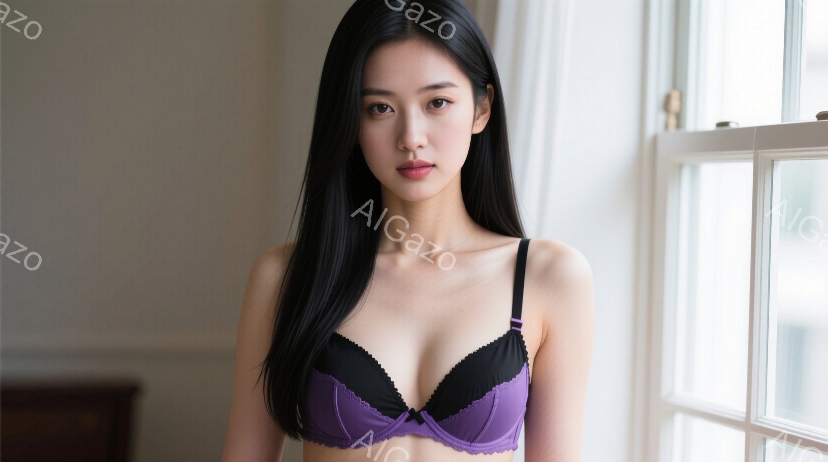 黒髪の女性が、窓のそばで紫色のブラレットを着用して立っている。彼女はストレートヘアで、少し憂いを帯びた表情をしている。背景はぼやけており、部屋の一部と窓の外の光が見える。 - AI生成フリー素材
