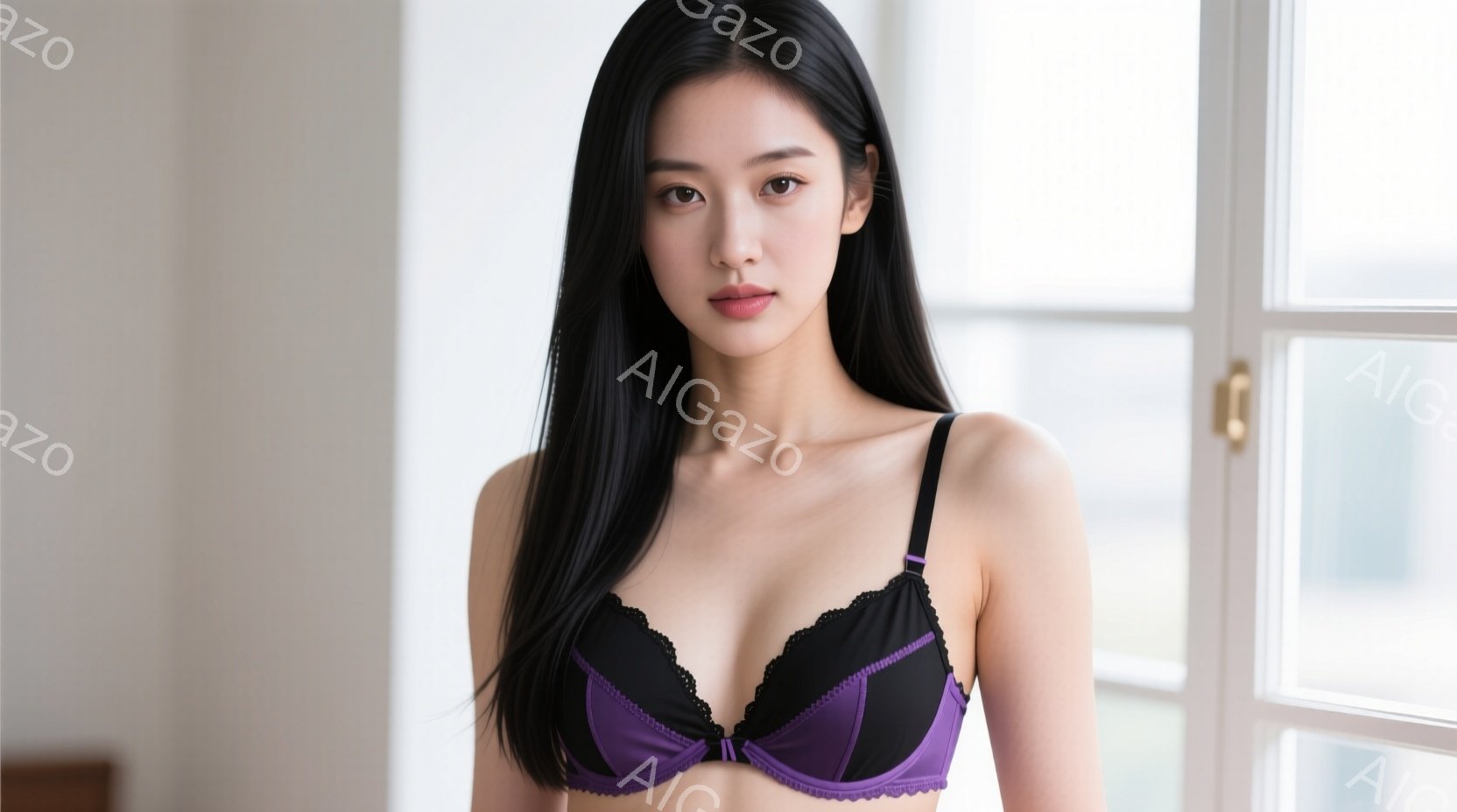 長い黒髪の女性が、紫と黒のレースのブラレットを着用し、正面を見つめています。彼女はわずかに微笑んでおり、姿勢はまっすぐで自信に満ちています。背景には、光が差し込む窓とシンプルな白い壁があり、全体的に洗 - AI生成フリー素材