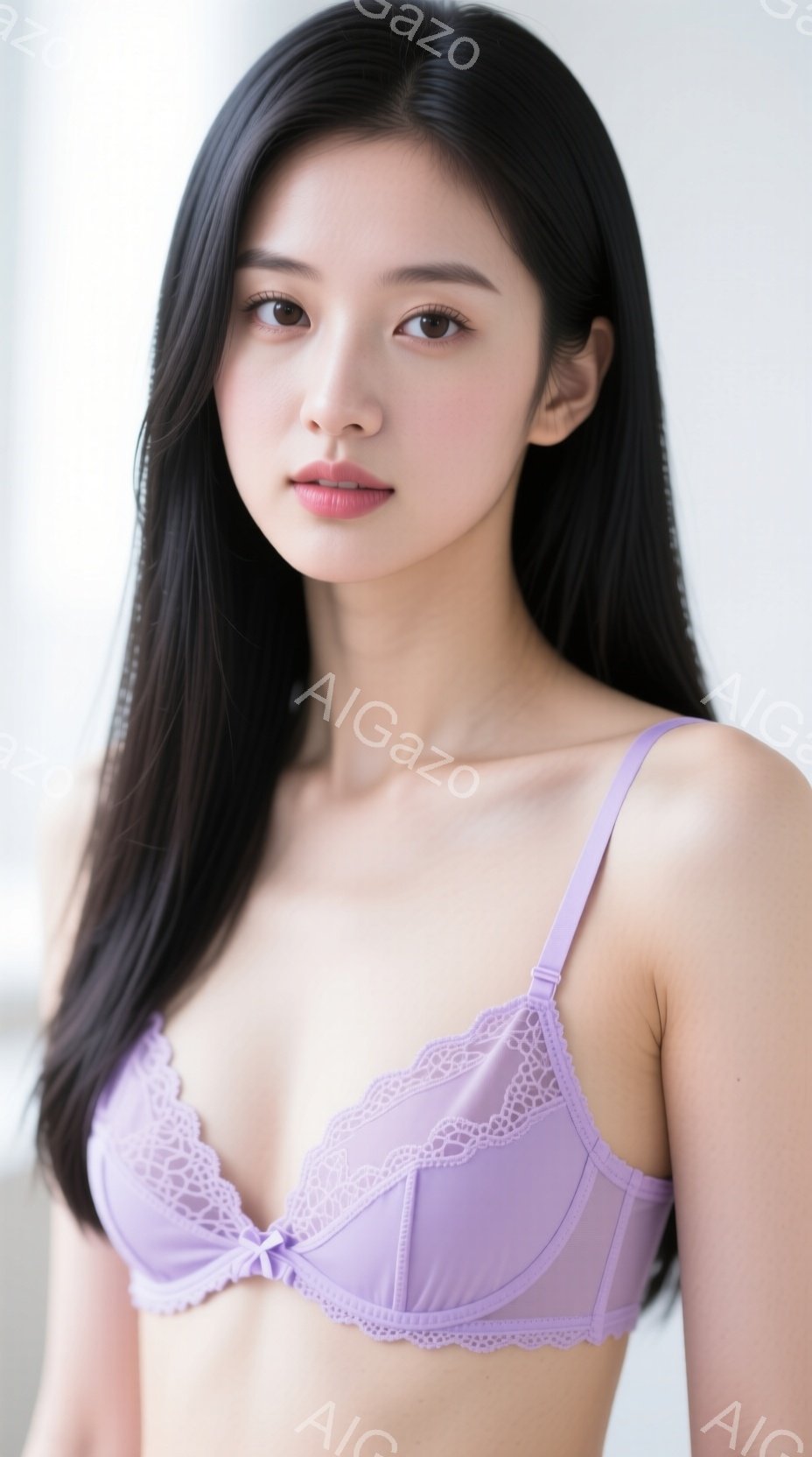 長い黒髪を肩にかける女性が、薄紫色のレースのブラレットを着ています。彼女はカメラの方をまっすぐ見ており、表情は穏やかで少し微笑んでいるように見えます。背景は白く、柔らかい光が彼女を照らしており、全体的 - AI生成フリー素材