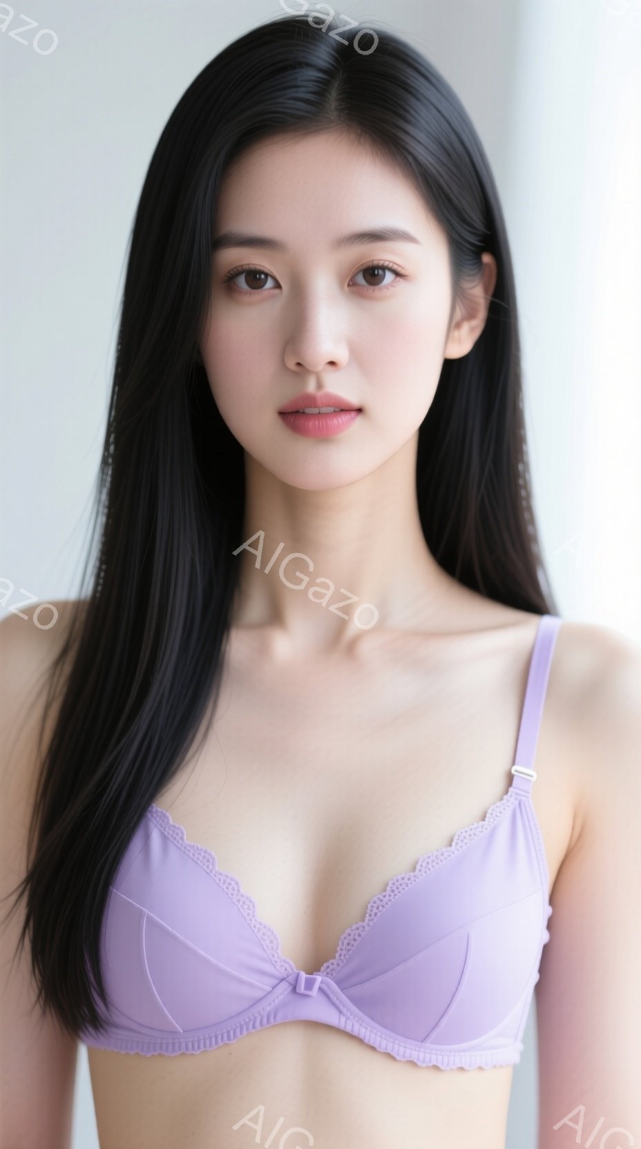 長い黒髪を肩まで伸ばした女性が、淡い紫色のレースのブラレットを着用して正面を向いています。表情は穏やかで、視線はカメラにまっすぐ向けられています。背景は白く、人物が際立っており、全体的に柔らかく、清潔 - AI生成フリー素材