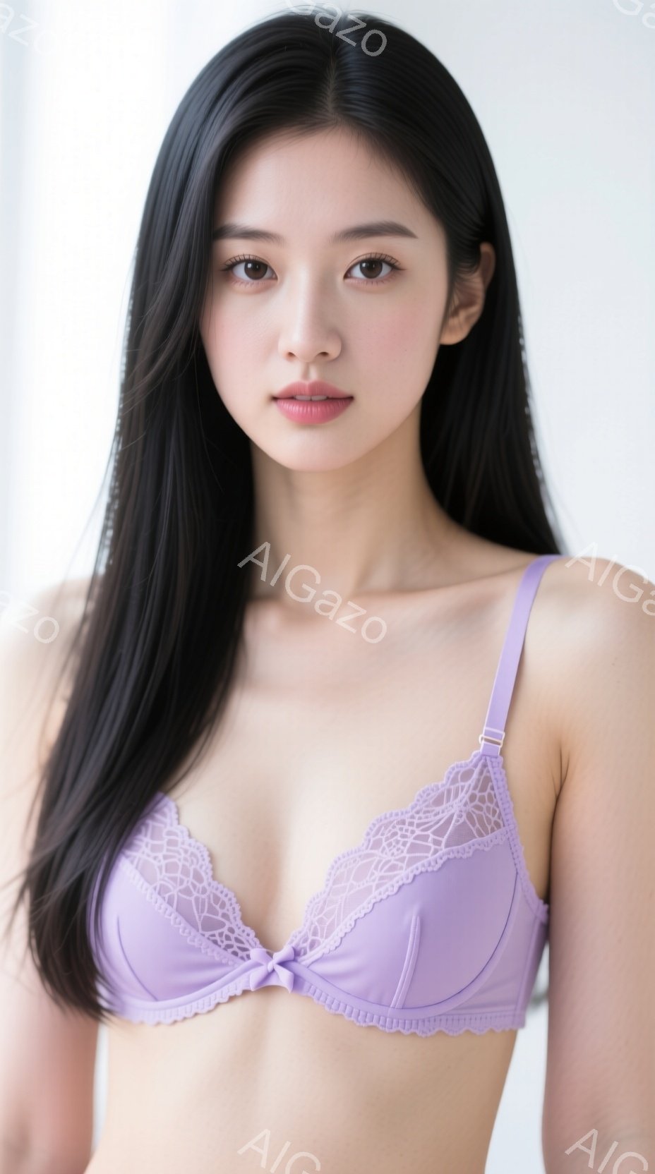 長い黒髪をストレートに伸ばした女性が、薄紫色のレースのブラレットを着用し、正面を向いて立っています。彼女は落ち着いた表情で、少し微笑んでいるように見えます。背景は白く、人物に焦点が当てられています。 - AI生成フリー素材