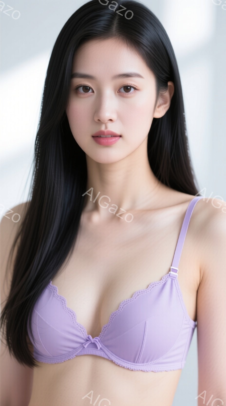 長い黒髪をセンターパートにした女性が、薄紫色のブラジャーを着用して正面を向いています。彼女は穏やかな表情で、唇はわずかに開いています。背景は白く、人物に焦点が当てられています。 - AI生成フリー素材