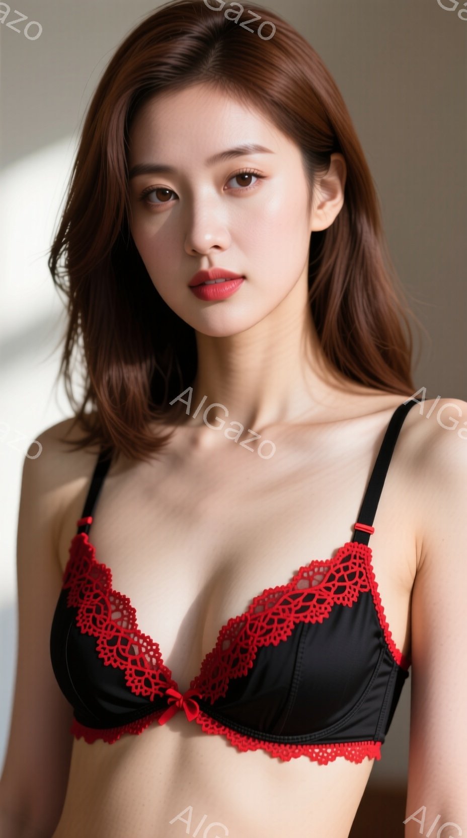 長い茶色の髪を肩にかけた女性が、黒と赤のレースが特徴的なブラレットを着ています。彼女は穏やかな表情でカメラを見つめ、わずかに口を開けています。背景は淡いベージュ色で、光が優しく彼女を照らしています。 - AI生成フリー素材