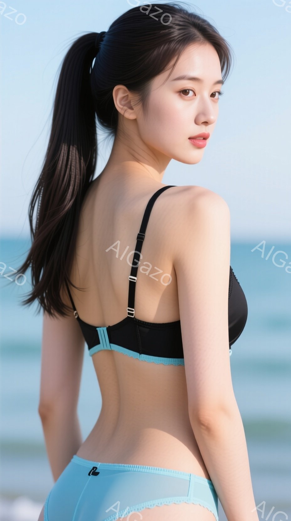 長い黒髪を後ろで一つにまとめた女性が、水色のビキニと黒いブラレットトップを着て立っている。彼女はカメラの方を振り返り、わずかに微笑んでいる。背景には穏やかな青い海が広がり、晴れた空が広がっている。 - AI生成フリー素材