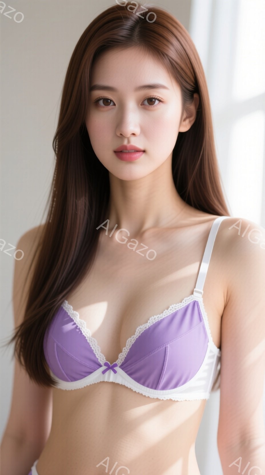 長い茶色の髪を肩にかけ、薄紫色のレース付きブラジャーを着用した若い女性が写っています。彼女はわずかに微笑み、リラックスした表情で正面を見つめています。背景は白く、窓からの自然光が彼女を照らし、柔らかく - AI生成フリー素材