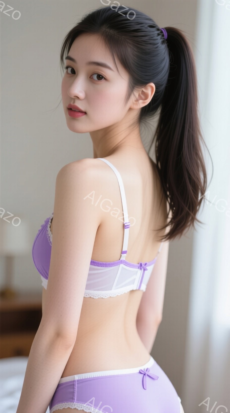 長い黒髪をポニーテールにした若い女性が、薄紫色のブラとショーツのセットを身につけて立っています。彼女は少し後ろを向き、微笑んでおり、姿勢はリラックスしています。背景にはベッドとぼやけた家具が見え、室内は明るく自然光で満たされています。