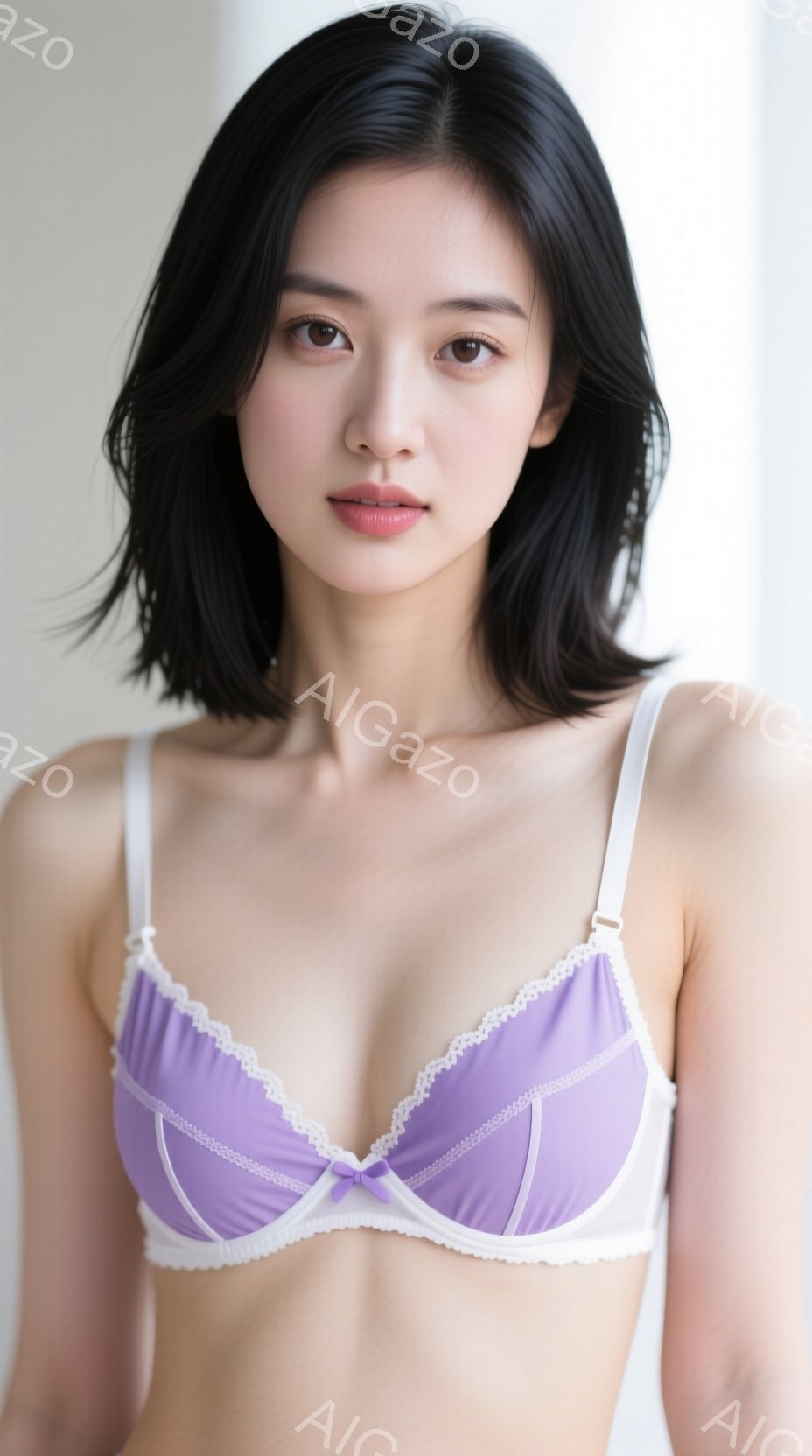 黒髪の短いヘアスタイルをした若い女性が、薄紫色のレース装飾のあるブラジャーを着用して正面を向いています。彼女はわずかに微笑み、落ち着いた表情でカメラを見つめており、姿勢はリラックスしています。背景は白 - AI生成フリー素材