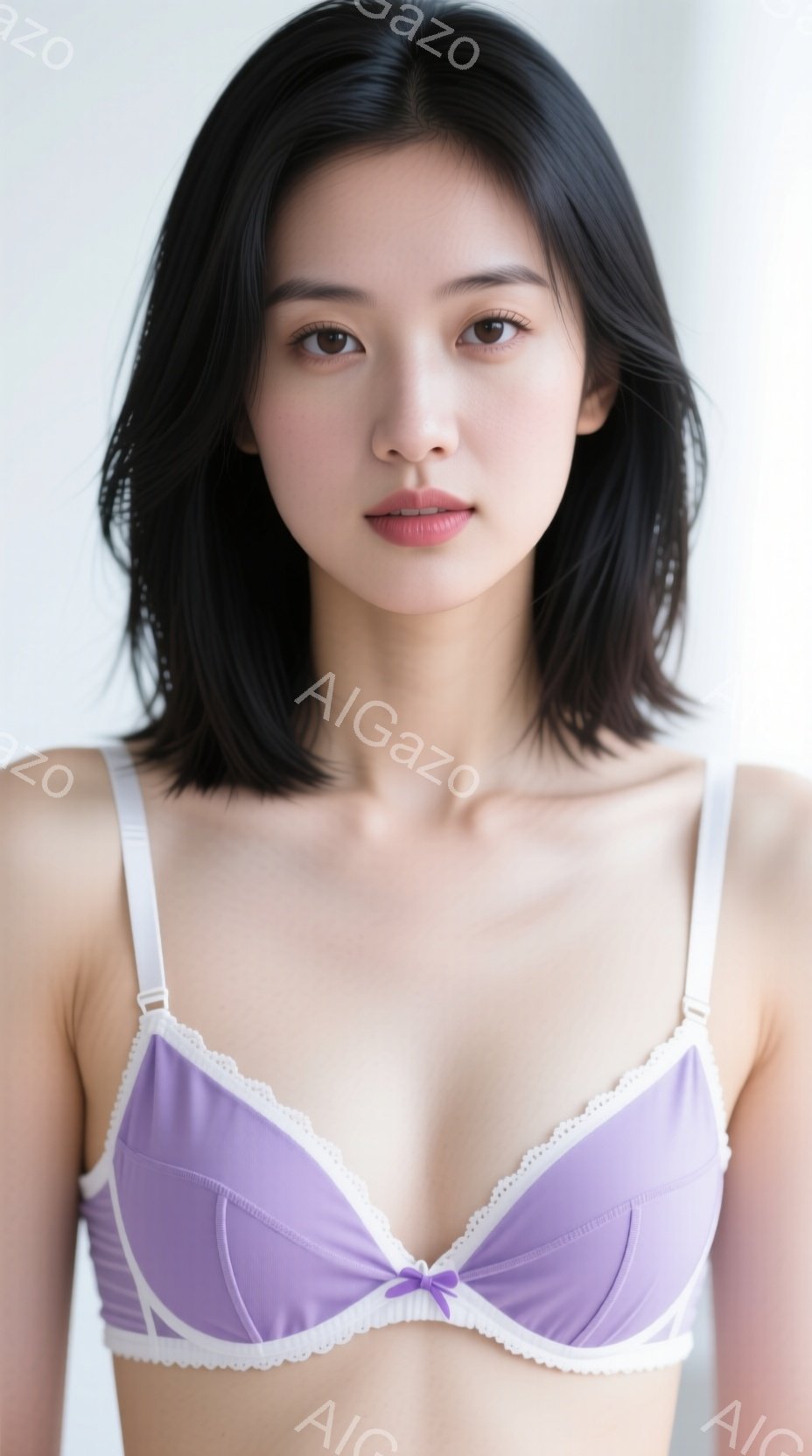 画像は、薄紫色のレーストリミングのブラジャーを着用した若い女性の胸元アップのポートレートです。彼女は肩までの黒髪で、穏やかな表情を浮かべてカメラを見つめています。背景は白で、人物に焦点が当たっています - AI生成フリー素材