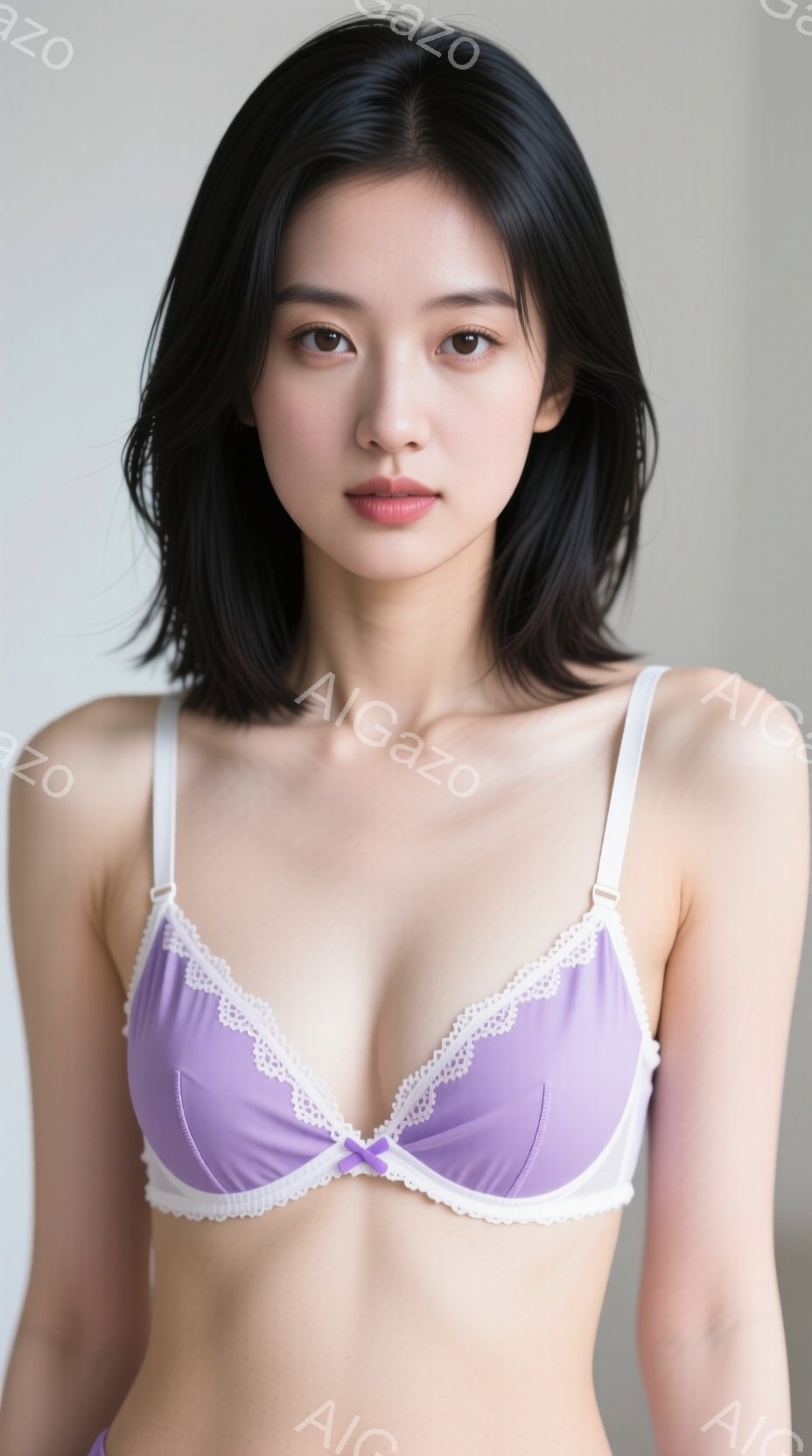 浅い紫色のレース飾りのブラジャーを着用した若い女性が写っています。彼女は肩を出し、黒髪のストレートヘアを肩まで伸ばしています。表情は穏やかで、背景は単調な白壁で、全体的にソフトで控えめな雰囲気です。 - AI生成フリー素材