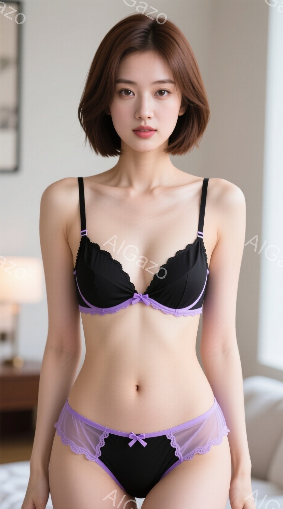 茶髪のショートヘアの女性が、黒と紫のランジェリーセットを身に着けて立っています。彼女は穏やかな表情で、正面をまっすぐ見ています。背景は穏やかな色調の部屋で、ぼやけた家具が見えます。 - AI生成フリー素材