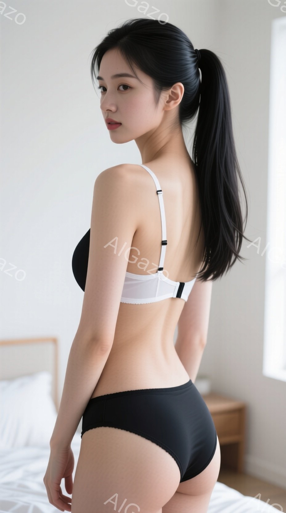 長い黒髪を後ろで一つにまとめた女性が、白いブラと黒い下着姿で立っている。彼女は少し振り返り、落ち着いた表情でカメラを見つめている。背景はシンプルな寝室で、白いベッドと木製の家具が置かれている。 - AI生成フリー素材