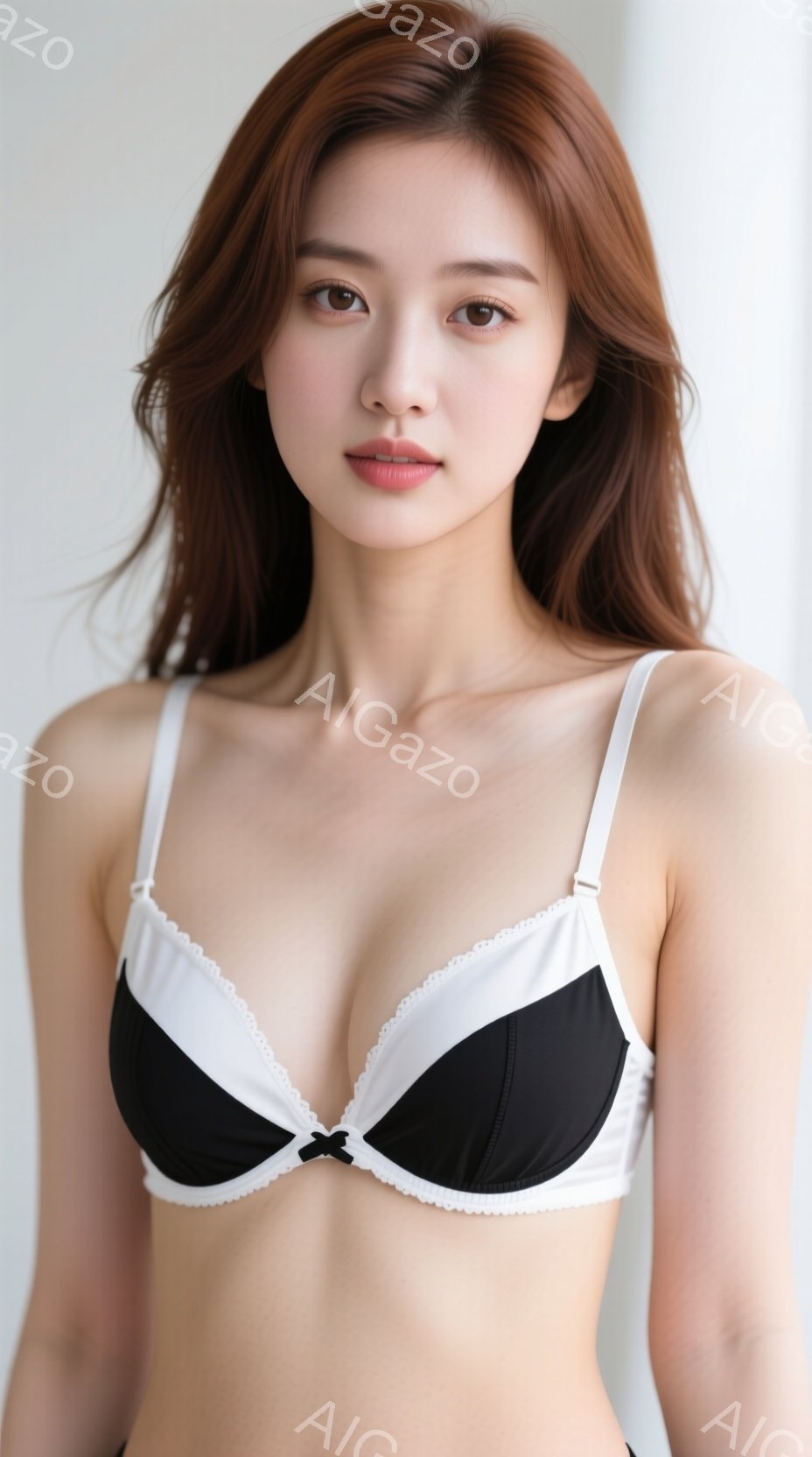 長い茶色の髪を肩にかけた女性が、白いレースと黒のブラジャーを着用して正面を向いています。彼女は穏やかな表情で、唇はわずかに開いています。背景は白く、室内であると思われ、女性が主な被写体として際立ってい - AI生成フリー素材