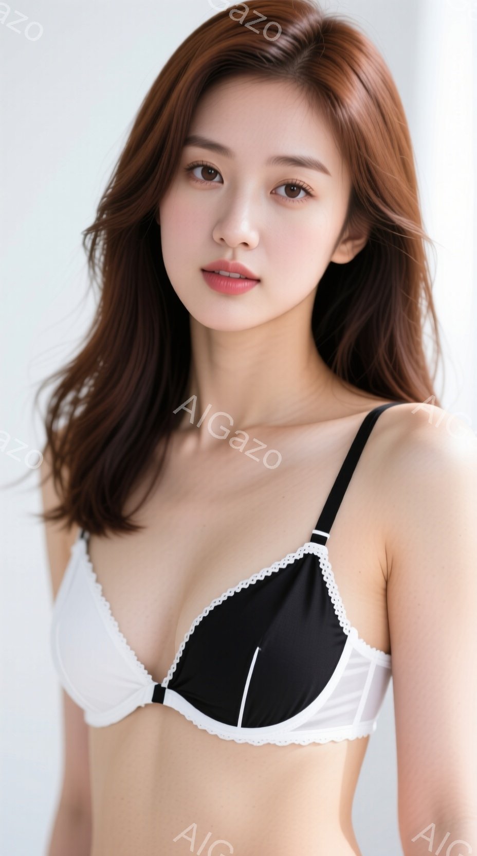 長い茶色の髪を肩にかけた女性が写っています。白いレースと黒い生地の組み合わせのブラレットを着用し、表情は穏やかでわずかに微笑んでいます。背景は白く、人物が際立っており、全体的に柔らかく自然な雰囲気が漂 - AI生成フリー素材