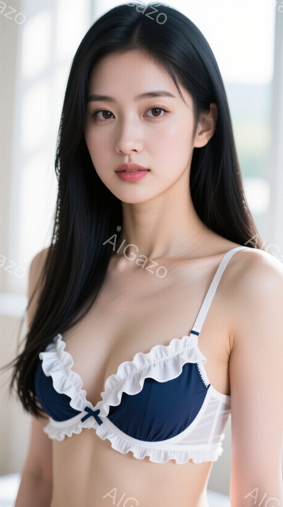 長い黒髪を肩から下で伸ばした女性が写っている。彼女はネイビーブルーと白のフリルが付いたビスチェタイプのブラジャーを着用し、少し微笑んでいる。背景はぼやけており、窓と建物の一部が見え、全体的に柔らかく、 - AI生成フリー素材