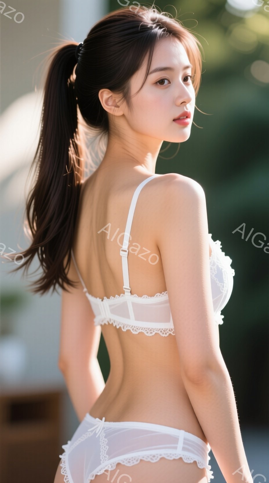 長い黒髪を高く結んだ女性が、白いレースのブラとショーツ姿で後ろ姿を見せています。彼女は少し振り返っており、表情は穏やかで微笑んでいるように見えます。背景はぼやけていますが、建物や自然が見え、全体的に柔 - AI生成フリー素材