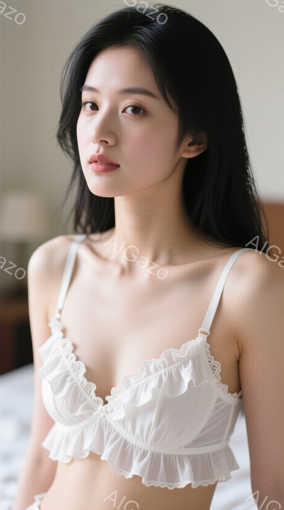 長い黒髪を肩にかけた女性が、白いレースのブラウスを着てこちらを見ている。彼女はベッドに座っており、穏やかで少し物憂げな表情をしている。背景はぼやけており、室内であることがわかるが、詳細は不明瞭である。 - AI生成フリー素材