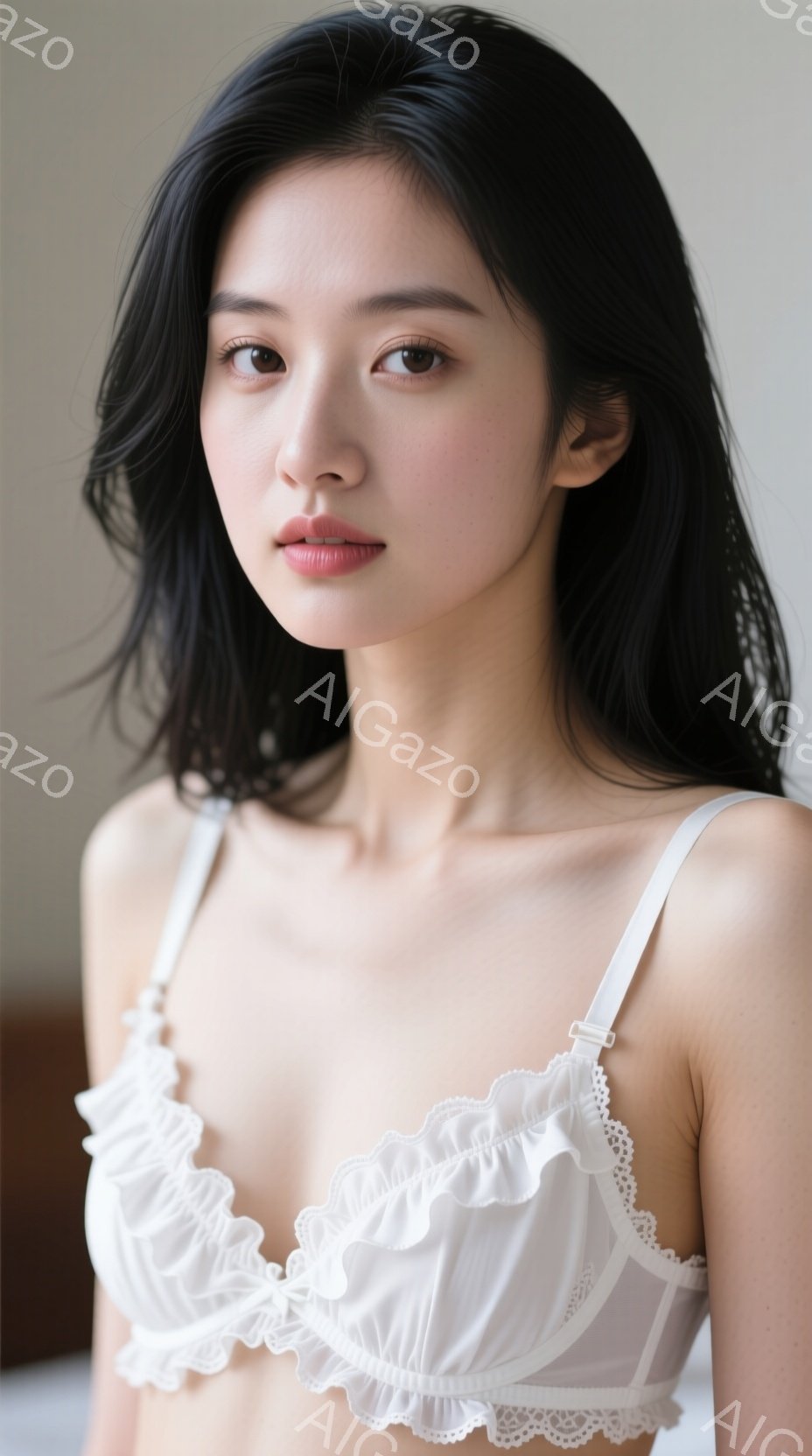画像には、白いフリルブラジャーを着用した若い女性が写っています。彼女は長い黒髪で、穏やかでわずかに微笑んだ表情をしています。背景はぼやけており、暖かく中立的な色合いで、焦点は女性自身にあります。 - AI生成フリー素材