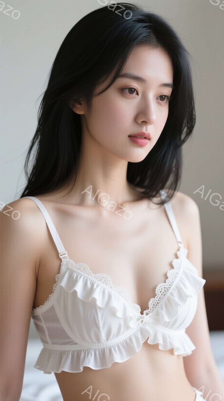 長い黒髪の女性が、白いレースのブラレットを着てこちらを見ています。彼女はリラックスした姿勢で、少し微笑んでいるように見えます。背景はぼやけており、部屋の一部がわずかに見えますが、全体的には柔らかく、穏 - AI生成フリー素材