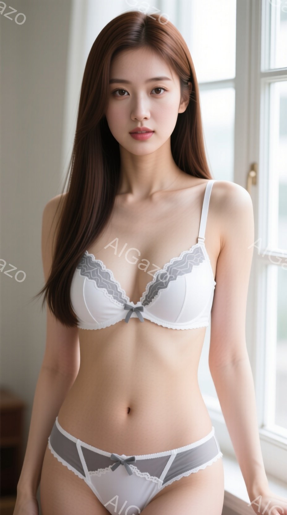 長い茶色の髪を肩から垂らした女性が、白いレース付きの下着姿で立っています。彼女はわずかに微笑み、リラックスした姿勢で窓辺に寄りかかっています。背景にはぼやけた都市の風景が見え、穏やかで自然な雰囲気を醸 - AI生成フリー素材