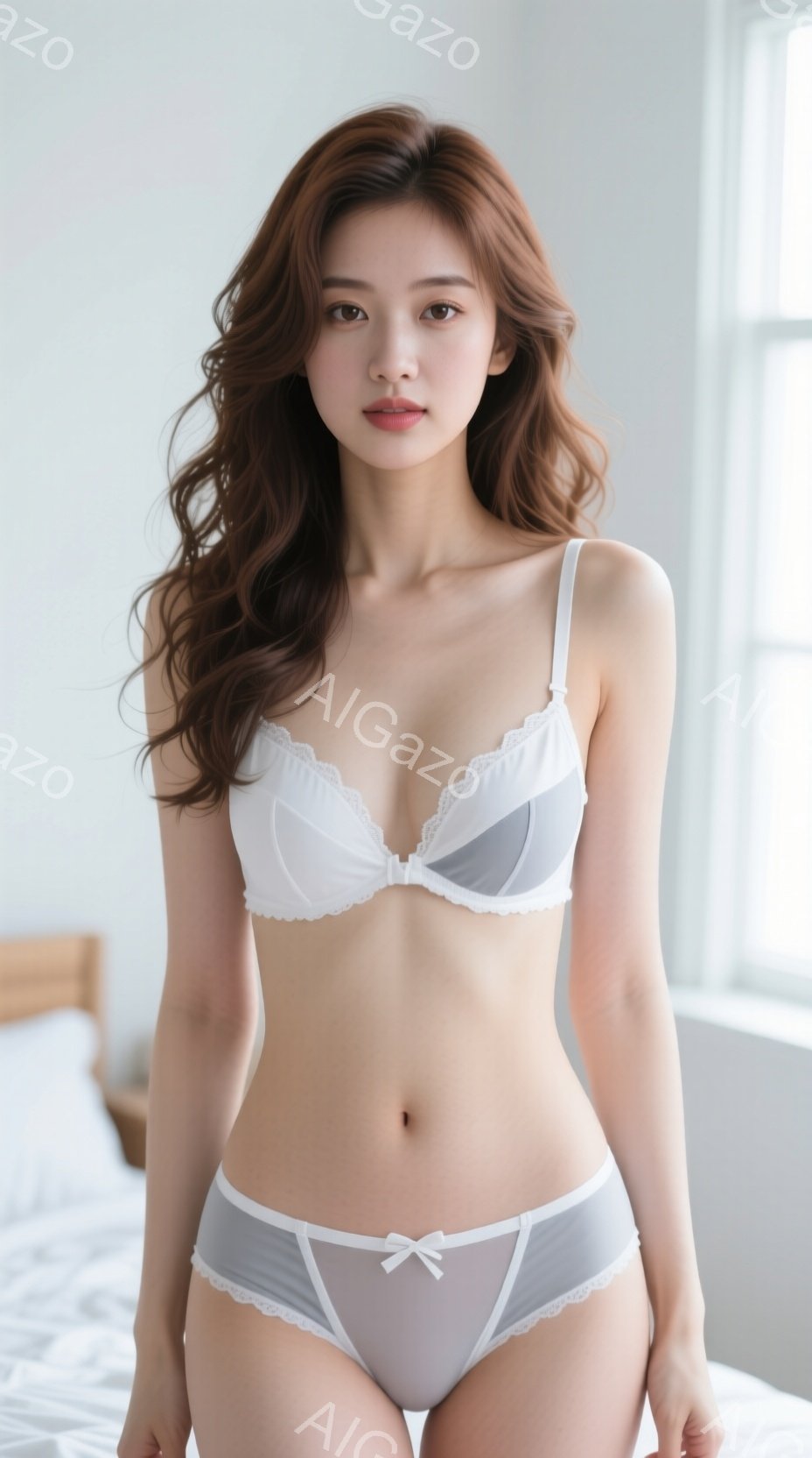長い茶色の髪をウェーブさせた女性が、白いレースのブラとグレーのパンティーを身に着けて立っています。彼女はカメラに向かって穏やかな表情で、少し微笑んでいます。背景はシンプルな寝室で、窓からの自然光が差し - AI生成フリー素材