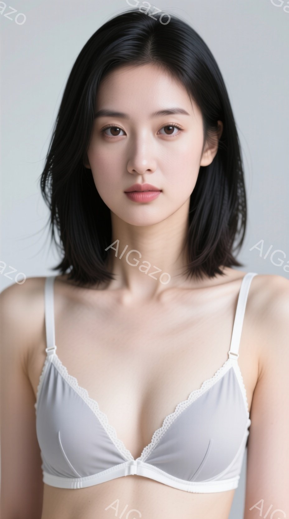 画像は、白いレースのトリムが施された薄いグレーのブラレットを着た若い女性のポートレートです。彼女は肩までの長さの黒髪で、穏やかで少し憂いのある表情をしています。背景は均一な明るいグレーで、女性に焦点が - AI生成フリー素材