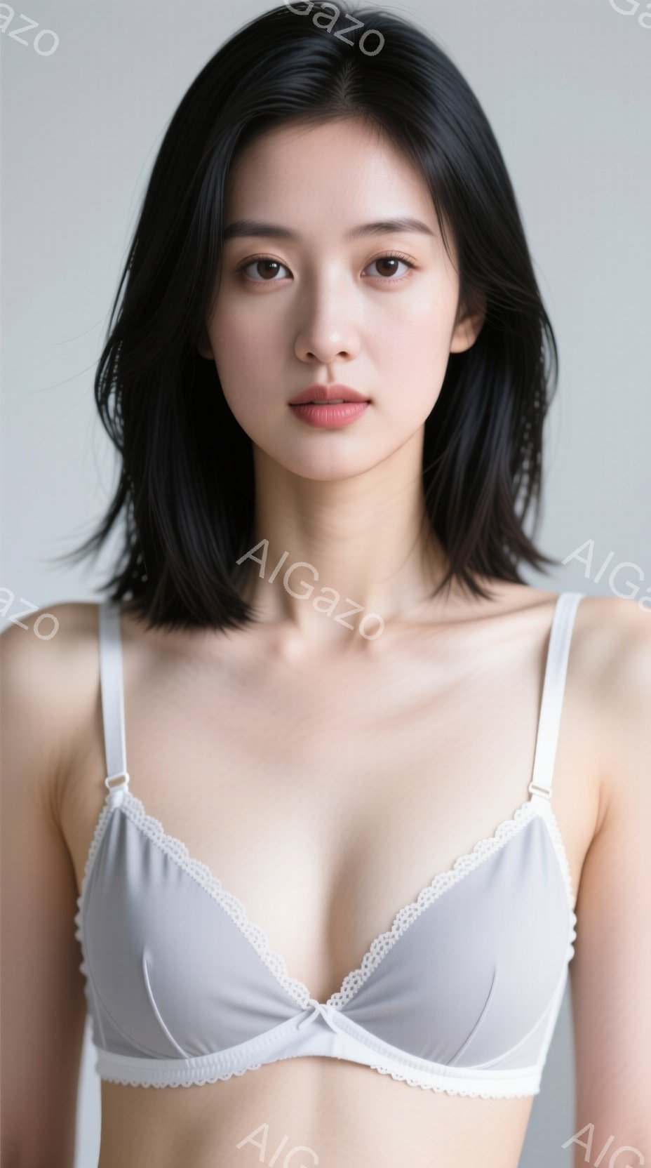 画像は、白いレース付きのブラジャーを着用した若い女性を正面から捉えています。彼女は肩を出し、黒髪を肩の長さで整え、穏やかで控えめな表情をしています。背景は均一なグレーで、女性が主な焦点となっています。 - AI生成フリー素材