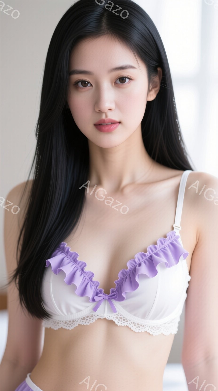 長い黒髪を肩から下で伸ばした若い女性が写っています。白いレースのブラジャーに薄紫のリボンがアクセントとしてあしらわれており、下着姿を披露しています。背景は白くぼやけており、女性が中心となって強調されて - AI生成フリー素材