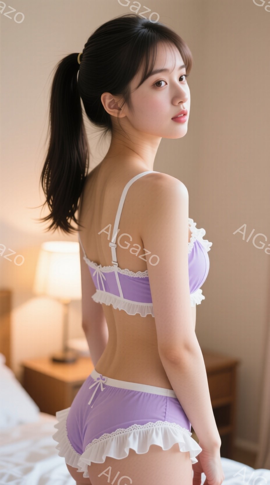 明るい紫色のフリルのブラとショーツを着用した若い女性が、ベッドの上に立って後ろ姿を見せています。彼女は長い黒髪をポニーテールにし、少し微笑んでいます。背景には木製のナイトスタンドとランプが見え、部屋全体が明るく柔らかな雰囲気です。