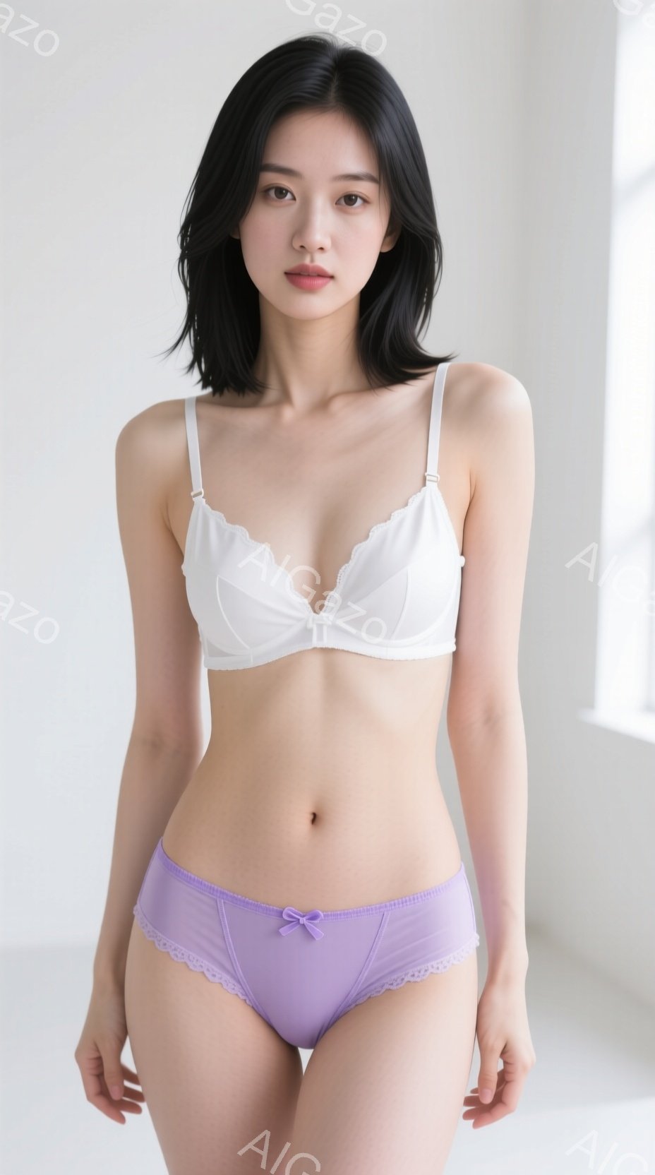 長い黒髪の女性が、白いブラと薄紫色のショーツを身につけて立っている。彼女はわずかに微笑んでおり、リラックスした姿勢で、片手を腰に当てている。背景は明るい窓からの自然光が差し込むシンプルな白い壁で、全体的に清潔で控えめな雰囲気が漂う。