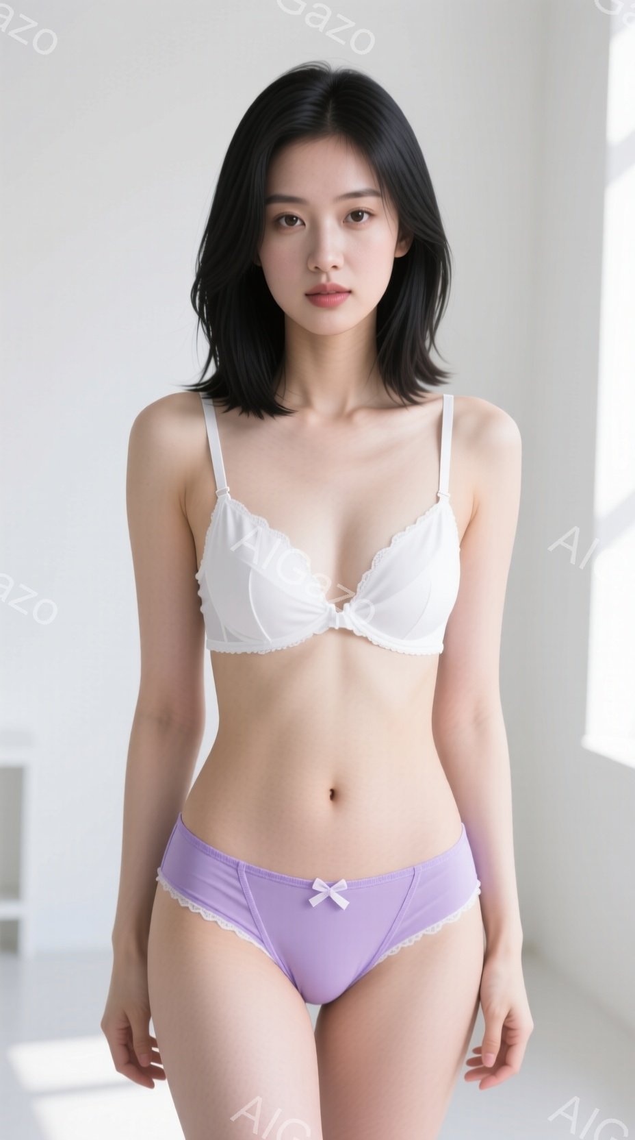 黒髪の女性が白いブラと薄紫色のパンティーを身に着けて立っています。彼女は少し微笑んでおり、リラックスしたポーズをとっています。背景は白く、自然光が差し込んでおり、全体的に穏やかで清潔感のある雰囲気が漂 - AI生成フリー素材
