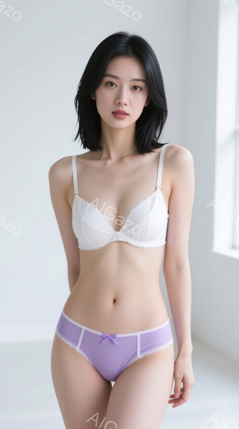 黒髪のボブヘアの女性が、白いブラと薄紫色のパンティを身に着けて立っている。彼女はわずかに微笑み、リラックスした姿勢でカメラを見ている。背景は白く、室内であると推測され、全体的に清潔でシンプルな雰囲気が - AI生成フリー素材
