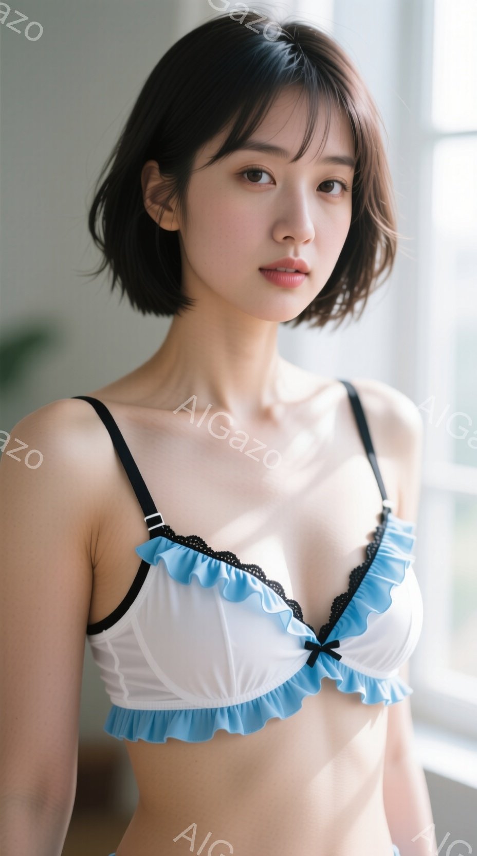 短い黒髪の女性が、白いブラジャーに水色のフリルが飾られたアンダーウェア姿で立っている。彼女はわずかに微笑み、リラックスした表情でカメラを見つめている。背景はぼやけており、窓からの自然光が差し込み、柔ら - AI生成フリー素材