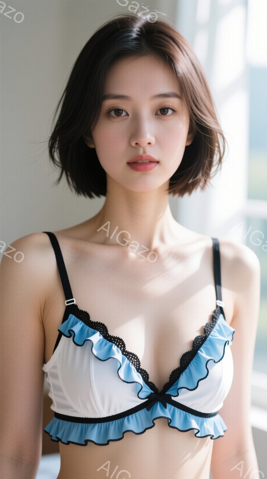 短い黒髪の女性が、白いブラジャーに青いフリルがアクセントのランジェリー姿で正面を向いています。彼女は穏やかな表情で、リラックスした姿勢で立っています。背景は明るい窓からの自然光で照らされており、穏やか - AI生成フリー素材