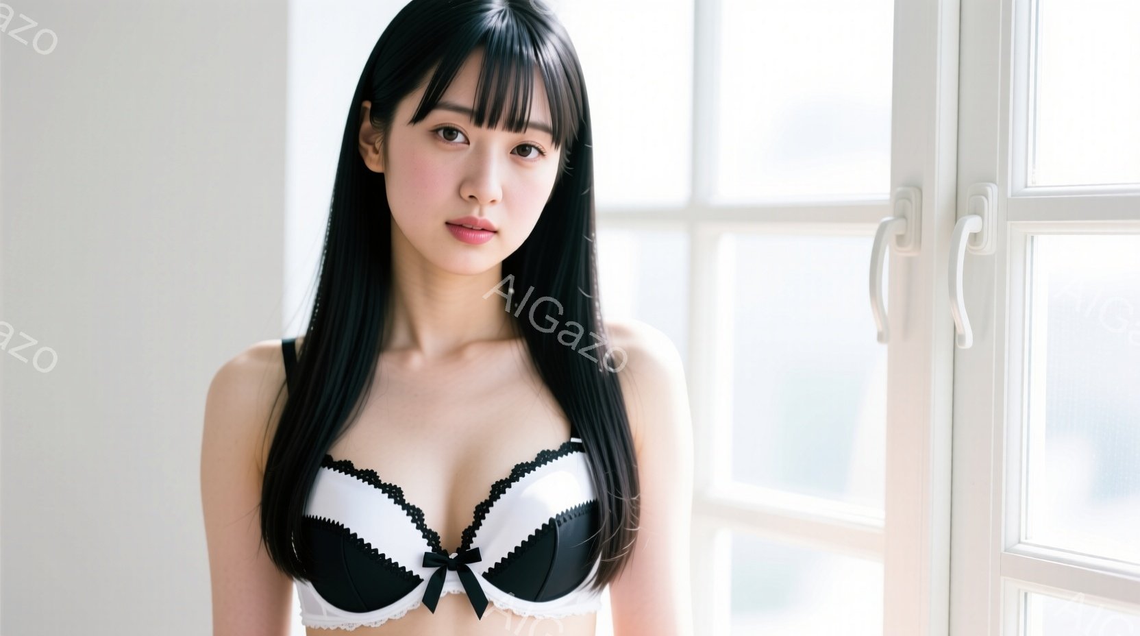 長い黒髪で、前髪は目の上まで覆うようにカットされている女性が写っている。彼女は白と黒のレースのブラレットを着用し、少し微笑んでいる。背景は窓と白い壁で、部屋全体が明るく、柔らかい光に包まれている。 - AI生成フリー素材