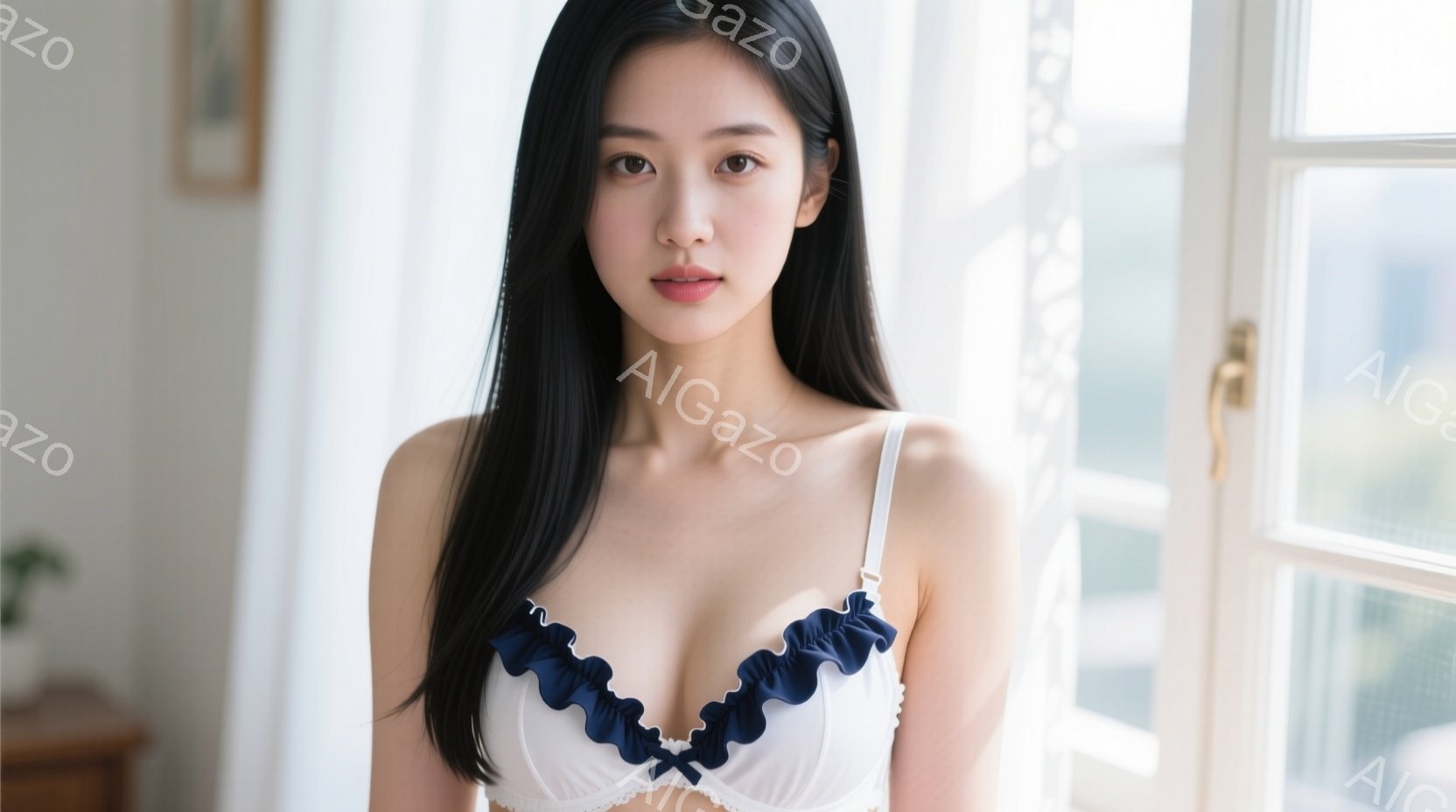 長い黒髪の女性が、白い縁取りのある紺色のブラレットを着用し、わずかに微笑んでいます。彼女はまっすぐ前を見ており、リラックスした姿勢で立っています。背景には、窓から見えるぼやけた風景が見え、室内は明るく - AI生成フリー素材