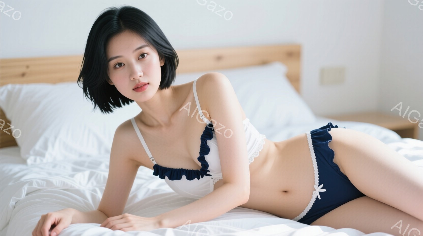 黒髪のショートヘアの女性が白いベッドに横たわっています。オフホワイトのフリル付きブラと紺色のレースの付いたパンティーを身につけ、リラックスした表情でカメラを見つめています。背景には白い枕と木製のヘッドボードが見え、明るく清潔な雰囲気が漂っています。